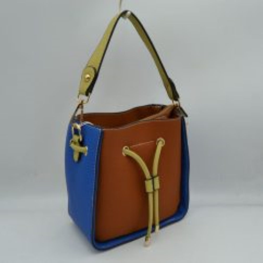 Color-Block Drawstring Bucket Bag with Multi-Strap Options
