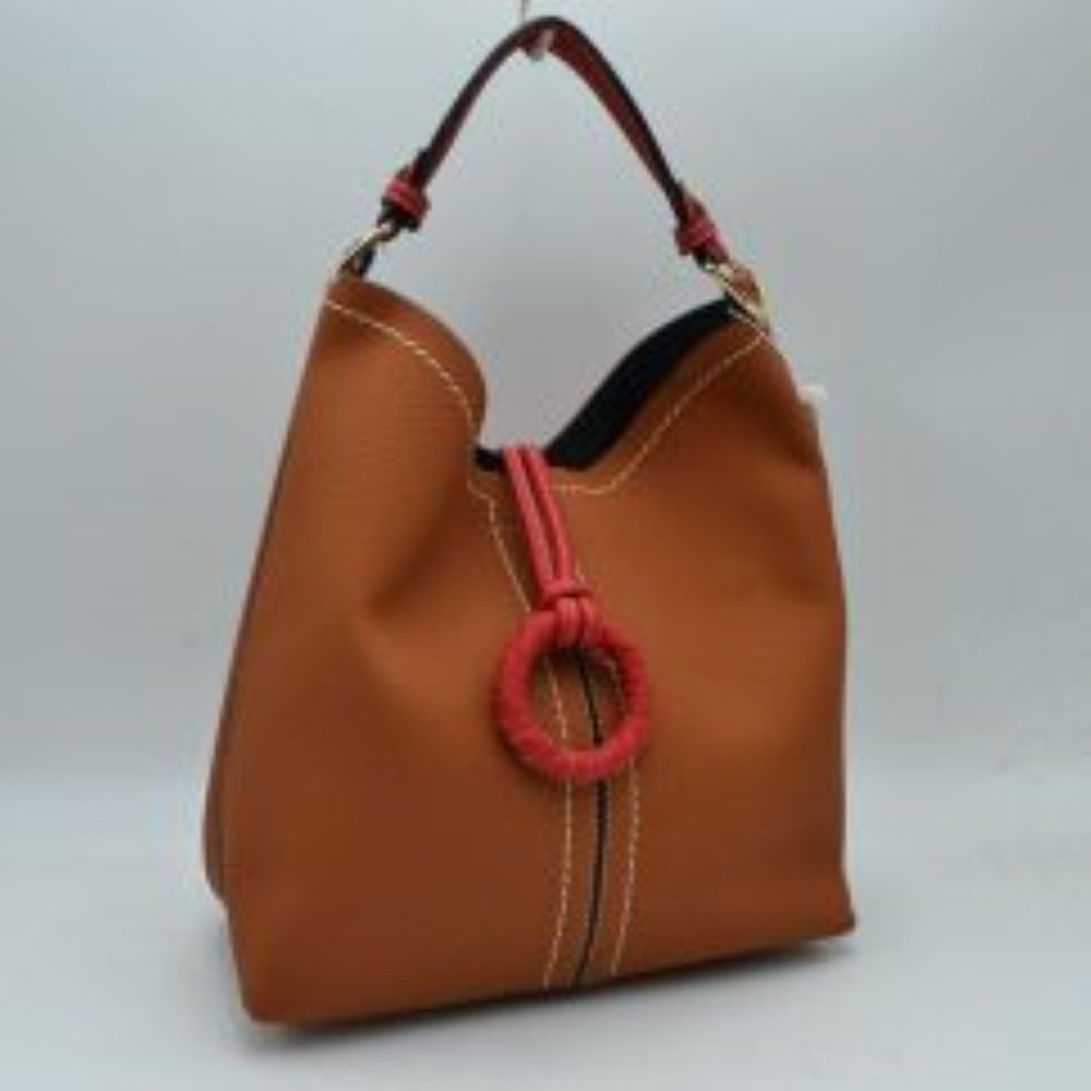 Pebbled Bucket Bag with Contrast Ring Accent and Top Handle