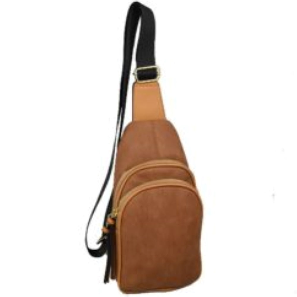 Ribbed Sling Bag with Tiered Zippers and Tassel Pulls