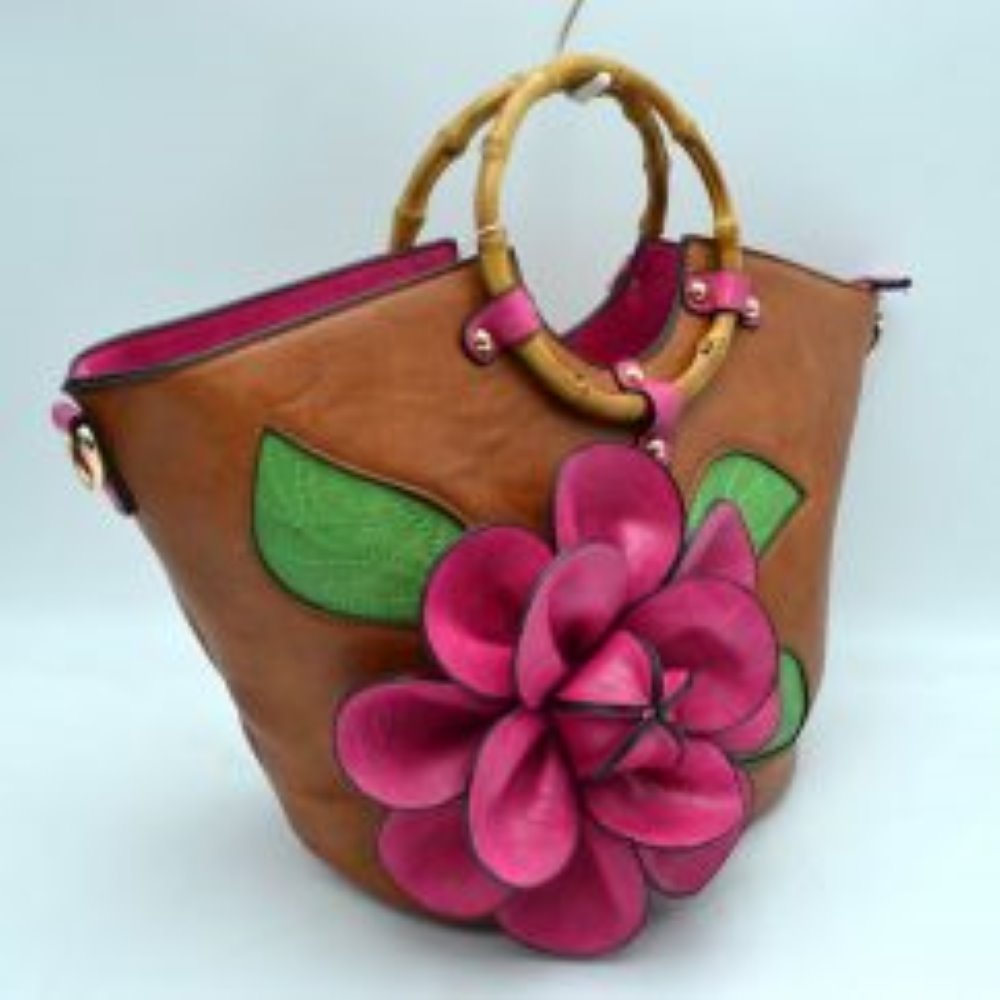Floral Applique Tote Bag with Segmented Round Top Handles