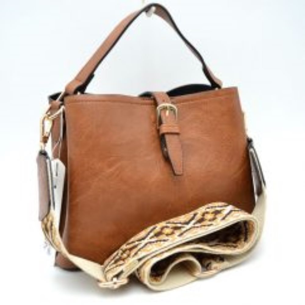 Buckle Strap Bucket Bag with Patterned Crossbody Strap