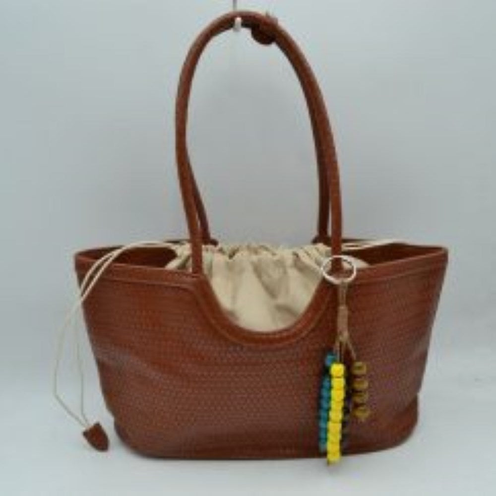Woven Scoop-Top Tote Bag with Drawstring Lining and Beaded Charm