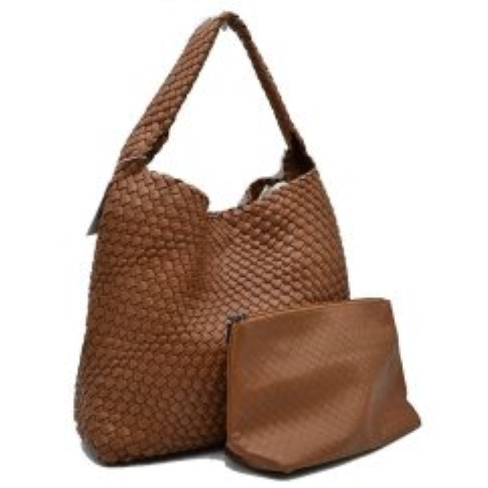 Woven Slouchy Shoulder Bag with Matching Zipper Pouch Set
