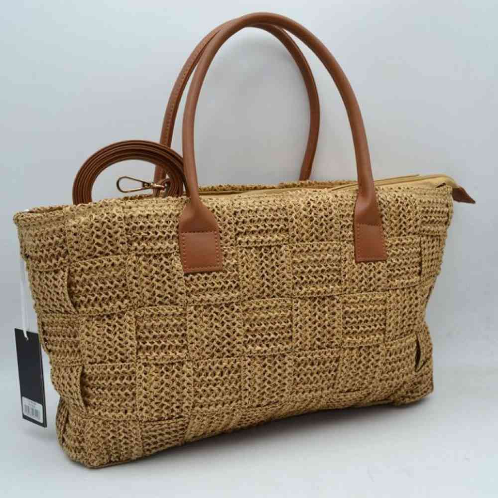 Chic Woven Straw Tote Bag with Faux Leather Handles