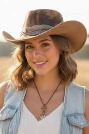 Distressed Fabric Band Rustic Cowgirl Fedora Hat