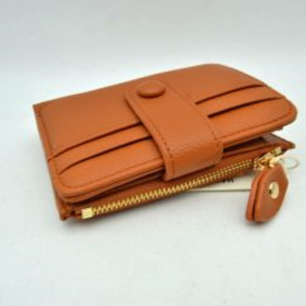 Pebbled Card Holder Wallet with Snap Button Strap and Zipper Pocket