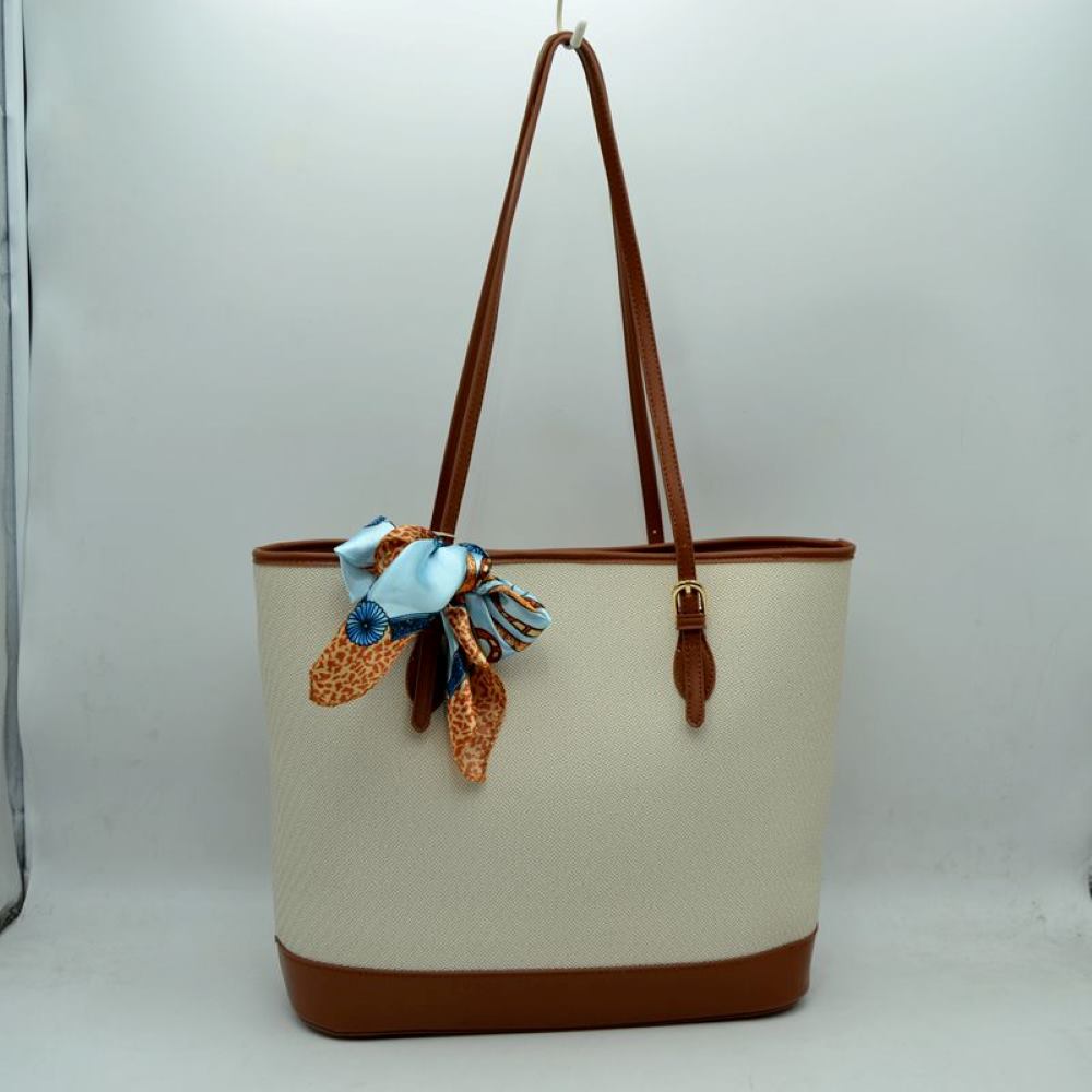 Elegant Textured Shoulder Tote Bag with Silk-Style Scarf Accent