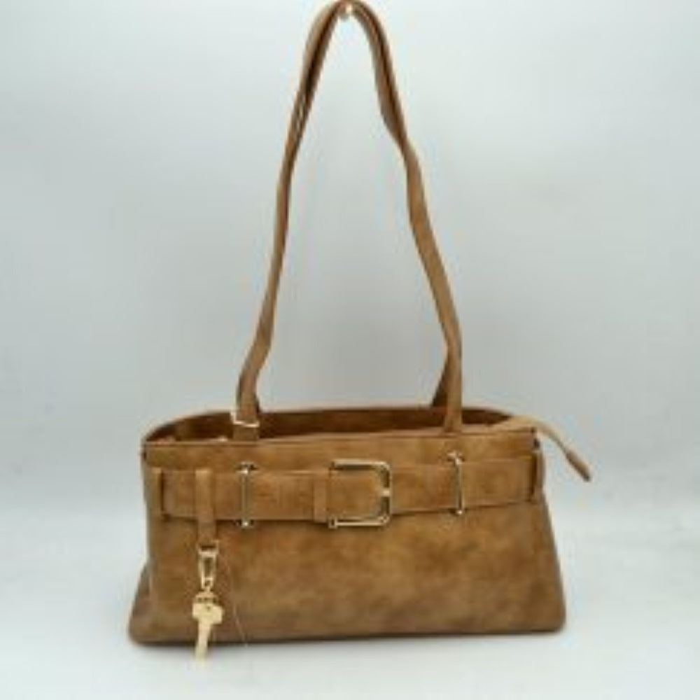 Belted Shoulder Bag with Key Charm Accent