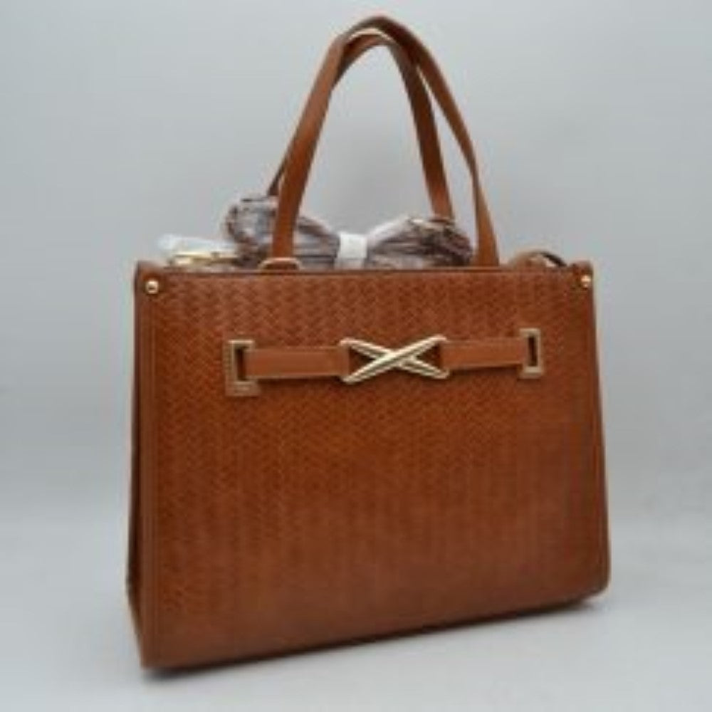 Woven Tote Bag with Decorative Gold Buckle and Crossbody Strap