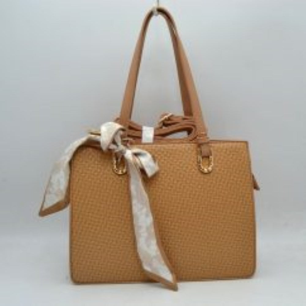 Woven Straw Satchel Bag with Detachable Shoulder Strap and Decorative Scarf Accent