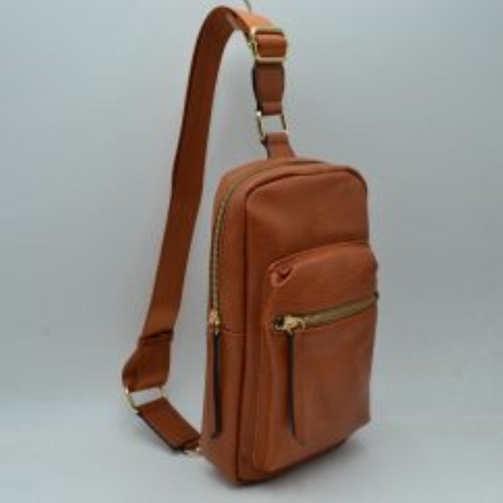 Grained Sling Bag with Metallic Zippers