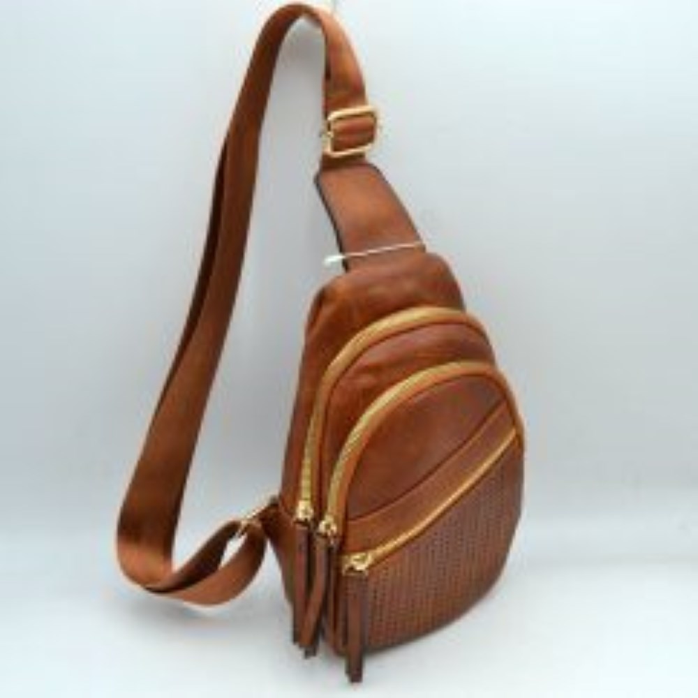Perforated Crossbody Sling Bag with Triple Zipper Pockets