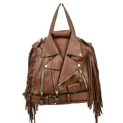 Faux Leather Moto Jacket Backpack with Side Fringe Accents