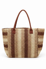 Multi Stripe Pattern Natural Brown Straw Tote Bag