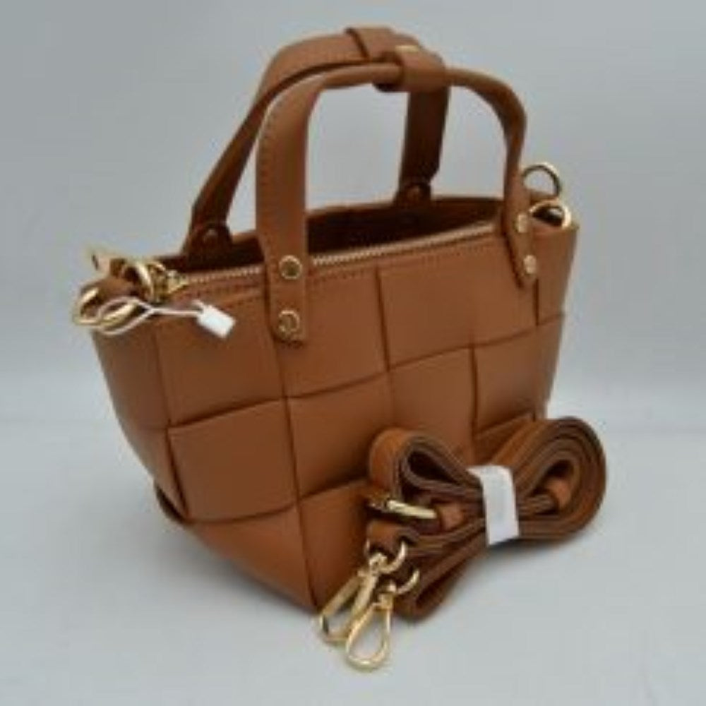 Wide Woven Basket Square Top-Handle Mini Tote Bag with Crossbody Strap