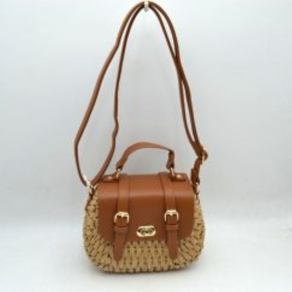 Woven Straw Satchel Bag with Faux Leather Flap and Double Buckle Accent