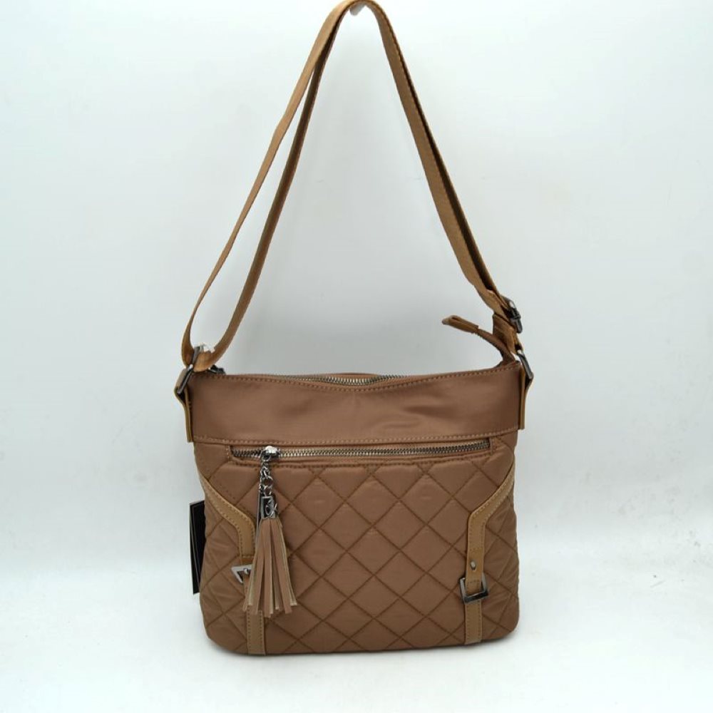 Quilted Nylon Crossbody Bag with Buckle Accents and Tassel Charm