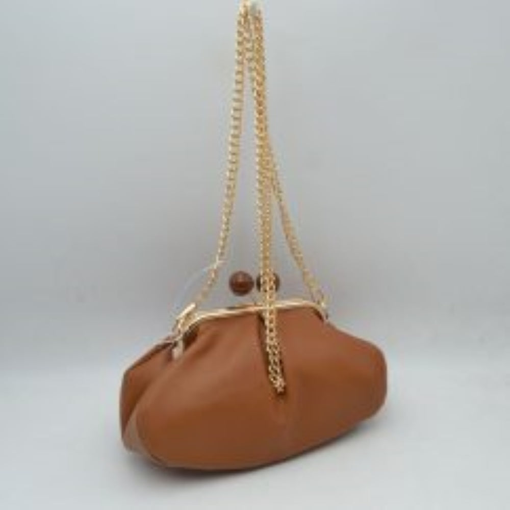 Ruched Kiss Lock Clutch Shoulder Bag with Detachable Gold Chain Strap