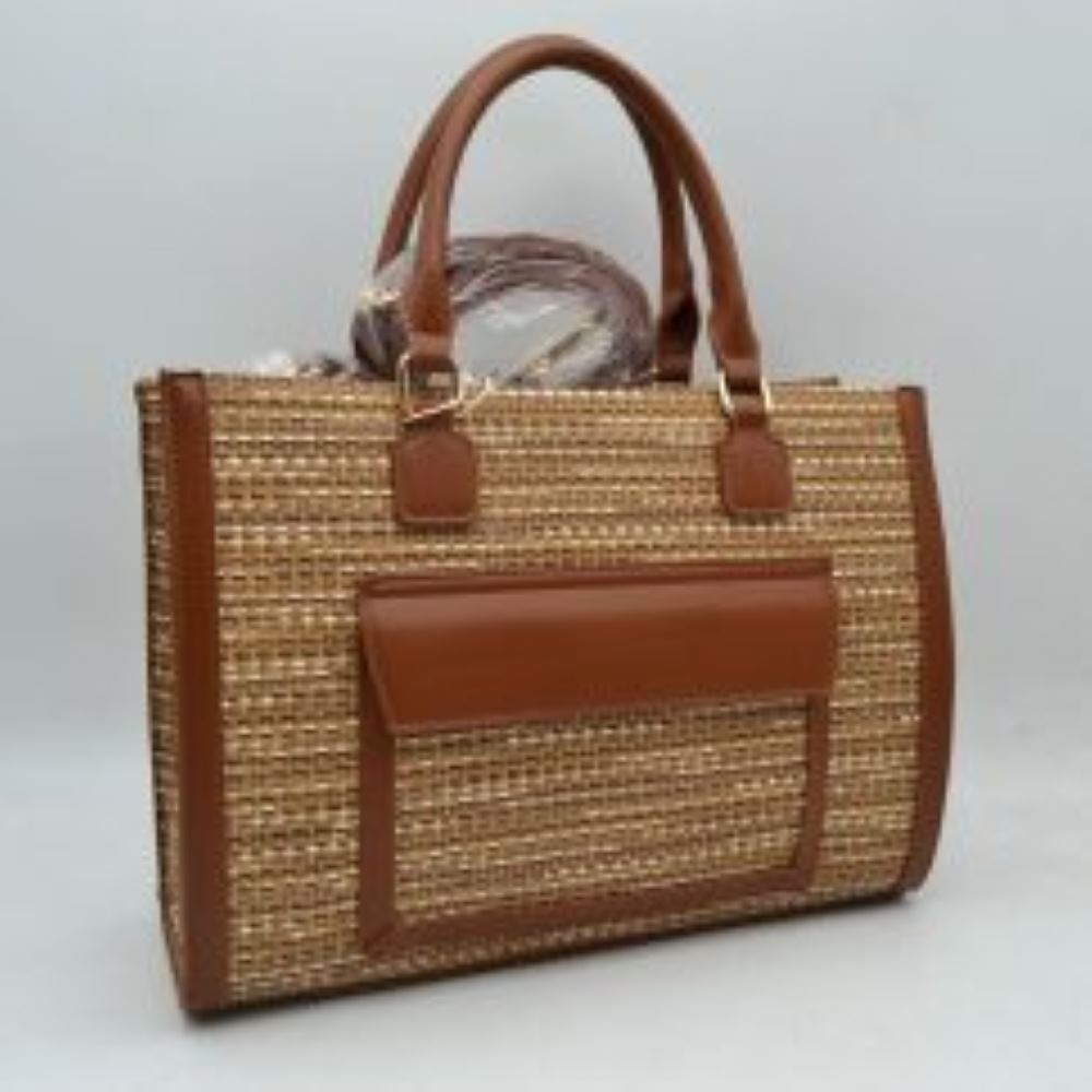 Woven Tweed Structured Laptop Tote Bag with Front Slip Pocket and Crossbody Strap