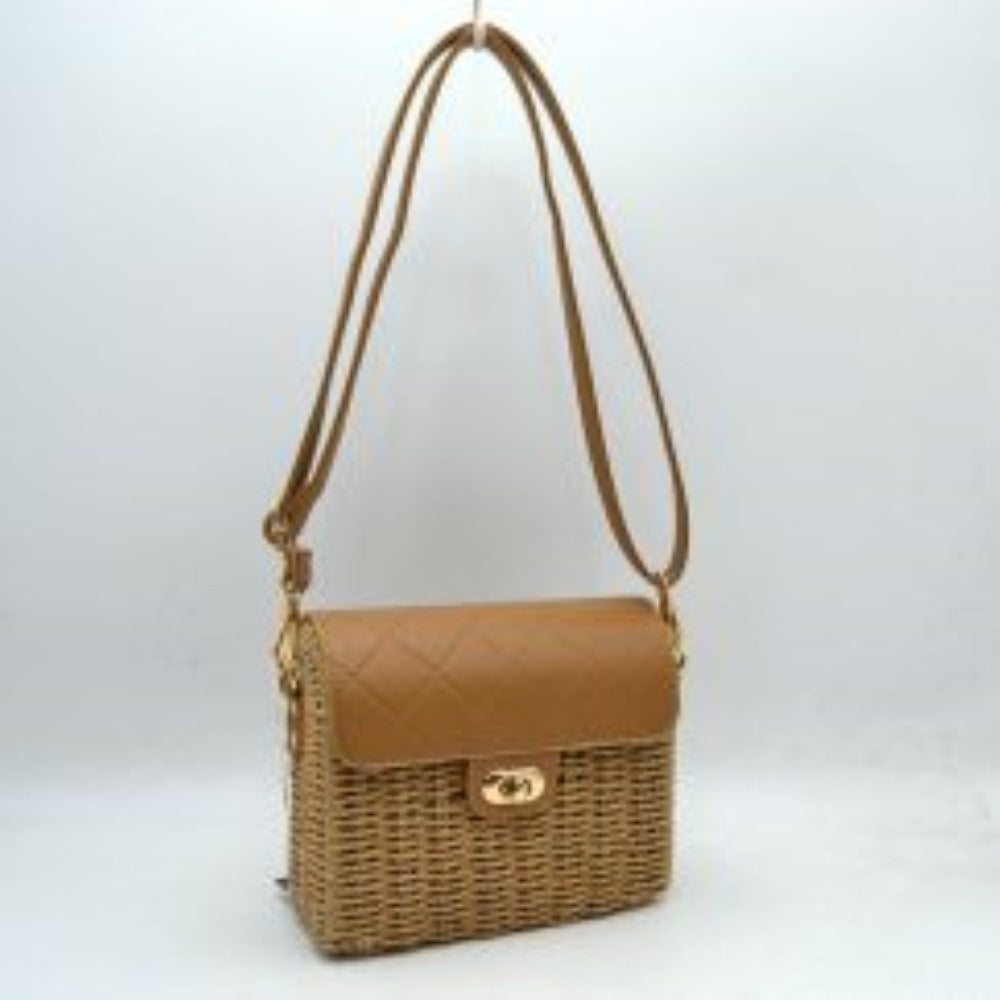 Quilted Flap Woven Straw Crossbody Bag with Adjustable Shoulder Strap