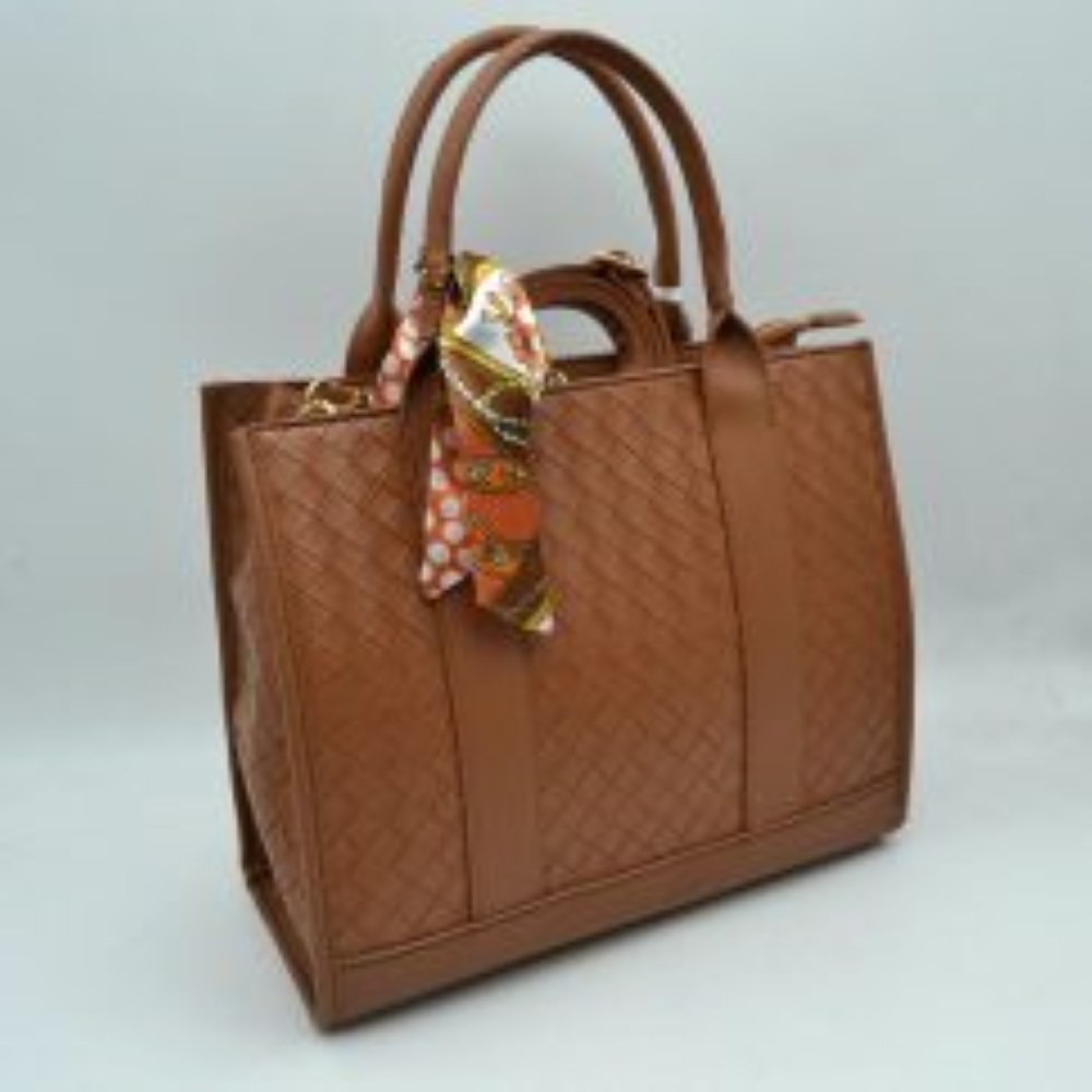 Woven Texture Tote Bag with Dual Top Handles and Scarf Accent