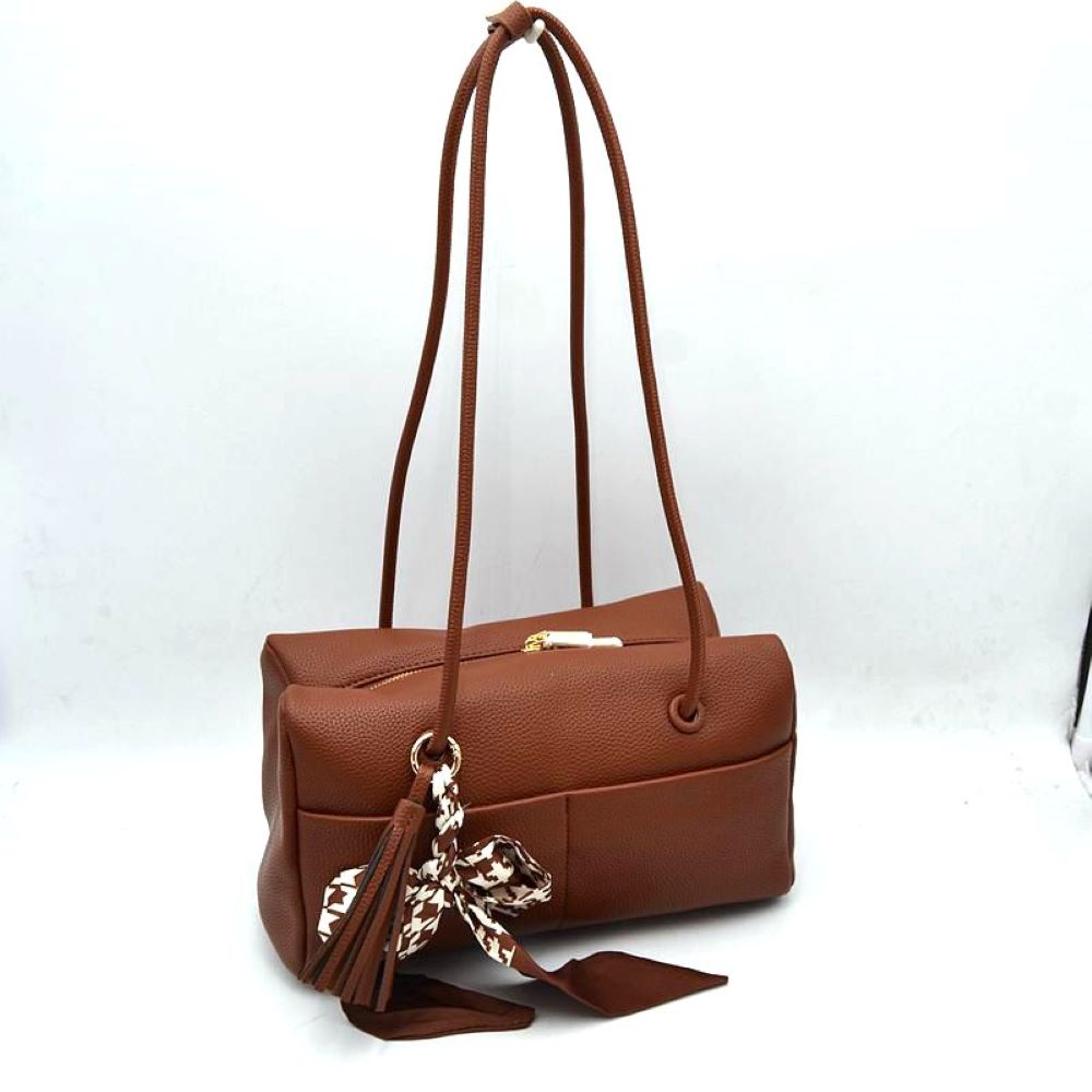 Pebbled Barrel Shoulder Bag with Long Slim Handles and Scarf Accent