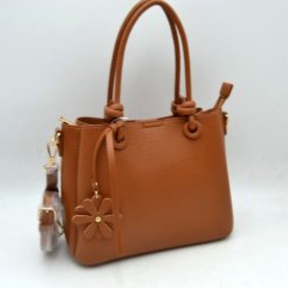 Top Handle Satchel Bag with Floral Charm and Shoulder Strap