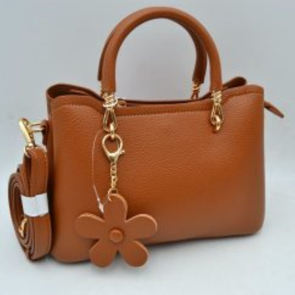 Pebbled Satchel Handbag with Dual Handles and Flower Charm