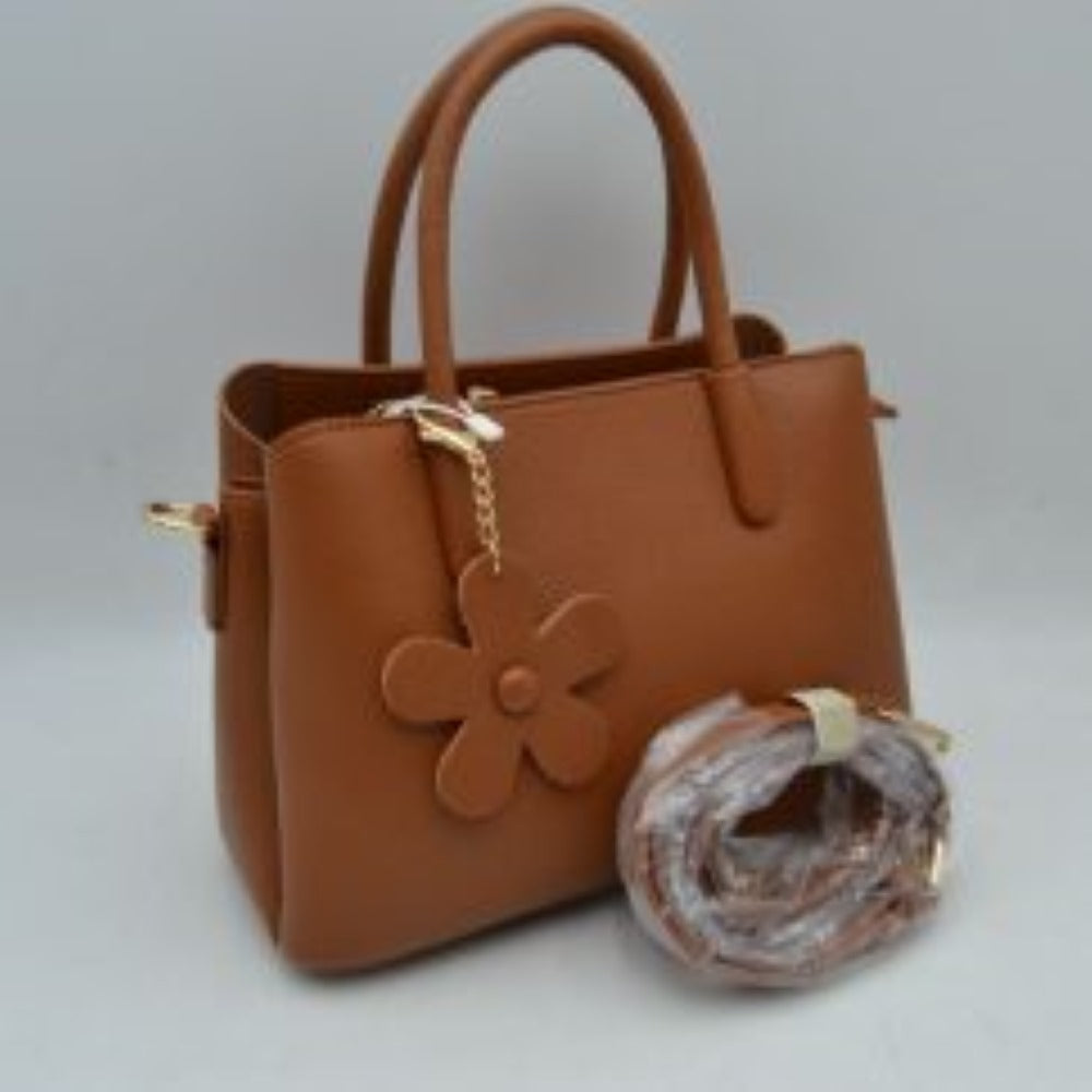 Pebble Textured Multi-Compartment Satchel Bag with Flower Charm Accent
