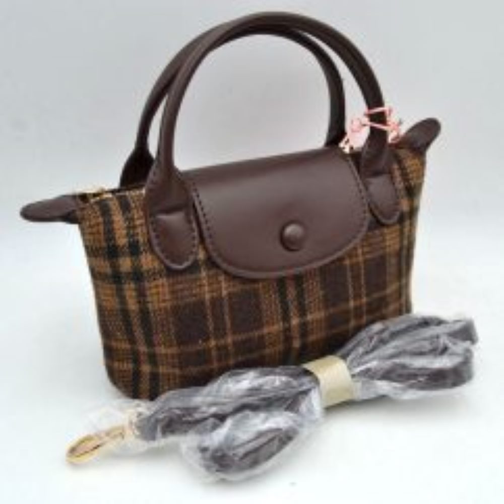 Plaid Fabric Mini Satchel Bag with Snap Flap and Shoulder Strap