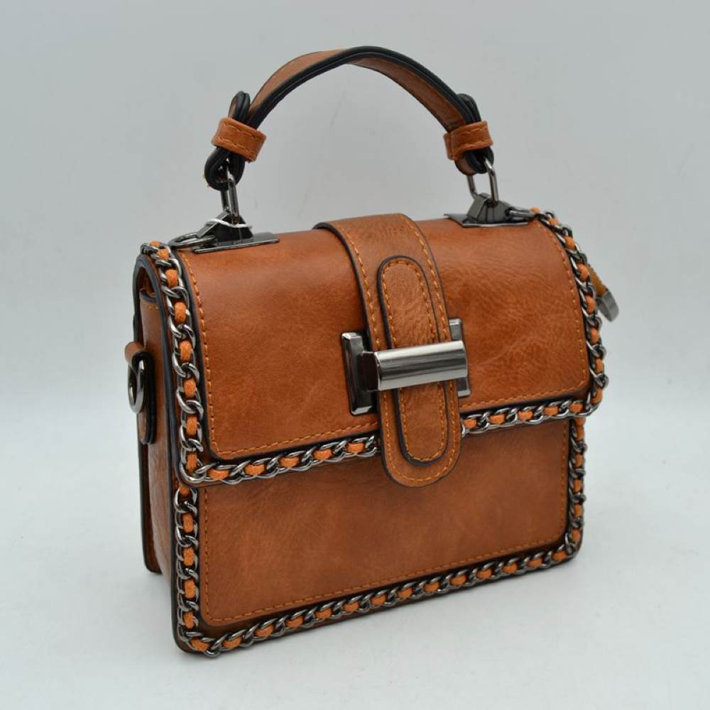 Women's Structured Top-Handle Crossbody Bag with Woven Chain Trim