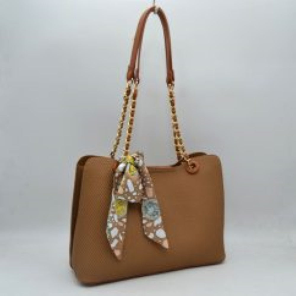 Elegant Textured Tote Bag with Chain Accent and Printed Scarf