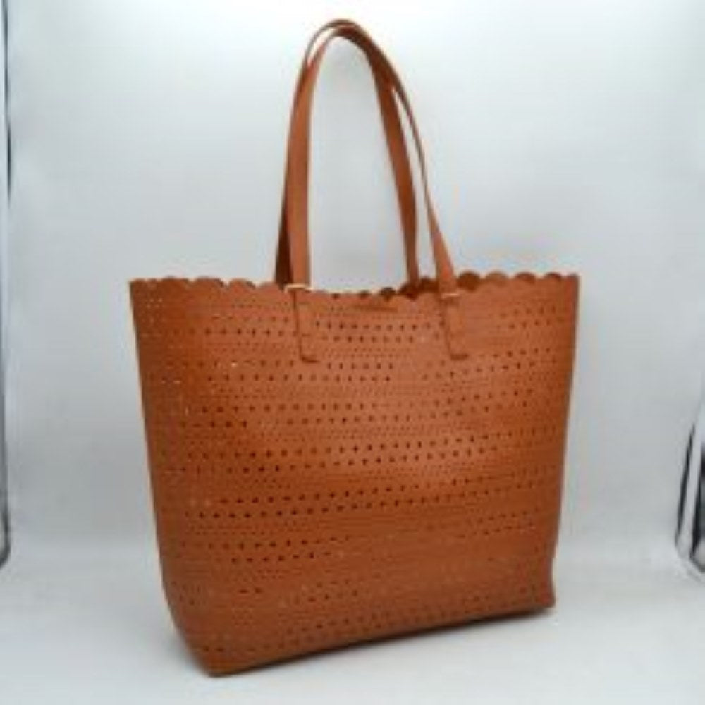 Laser-Cut Perforated Tote Bag with Scalloped Top Edge and Integrated Shoulder Straps