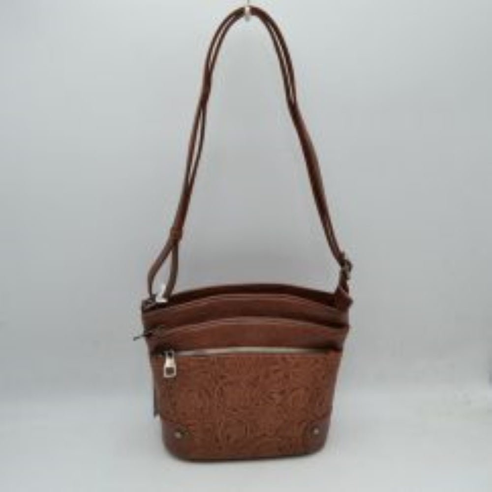 Embossed Floral Multi-Zipper Crossbody Bag with Adjustable Strap