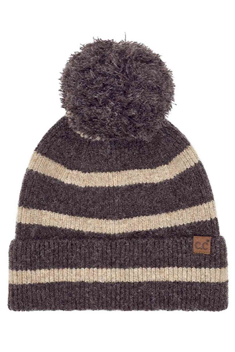 C.C Two Tone Stripe Yarn Pom Beanie
