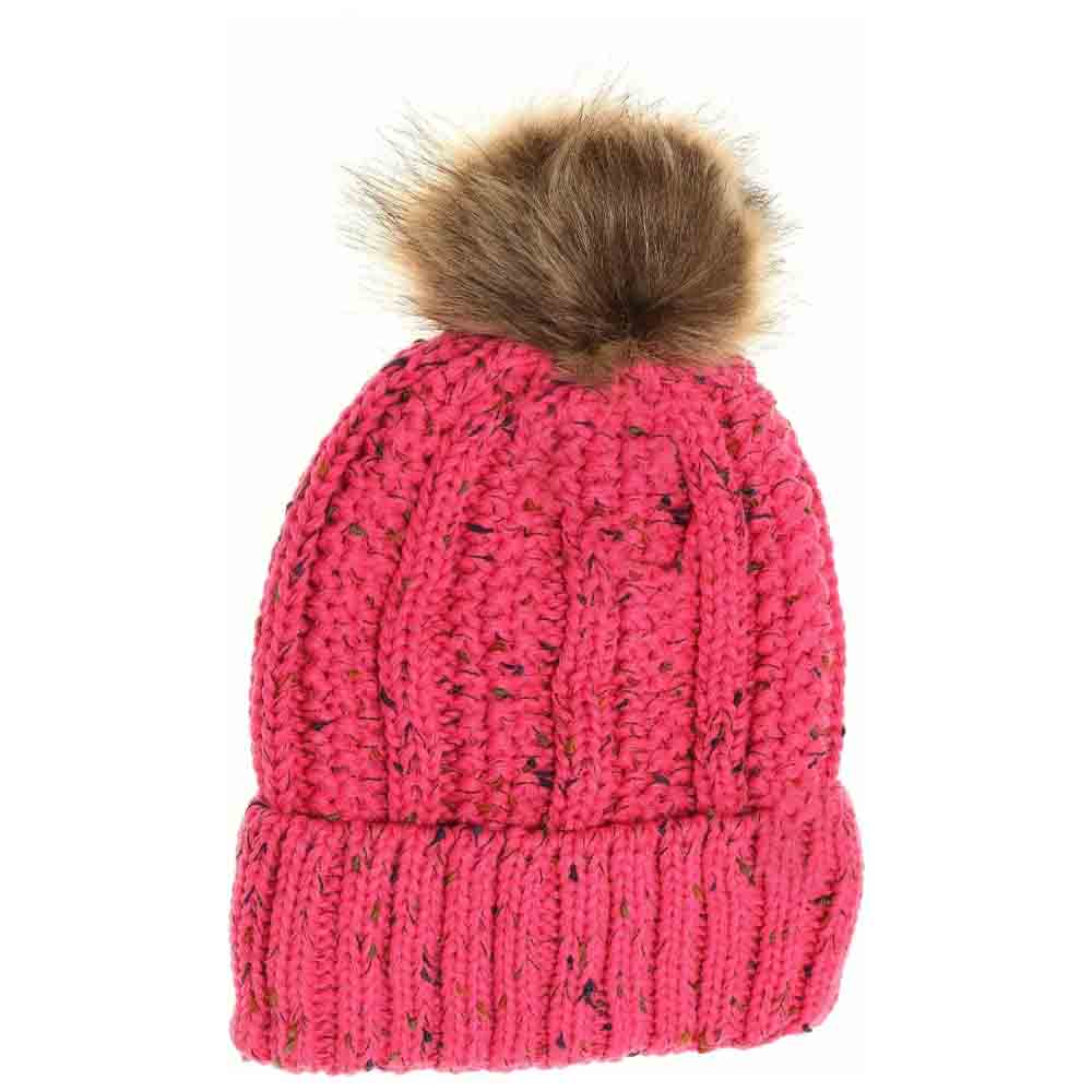 Fuzzy Lined Flecked Fur Pom C.C Beanie