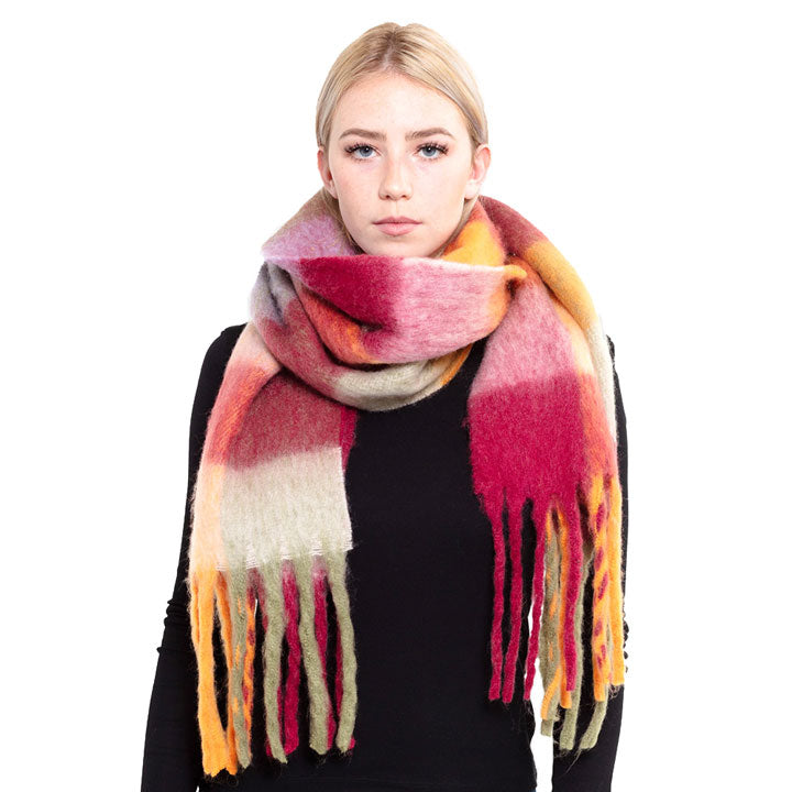 Multi Color Block Tassel Oblong Scarf