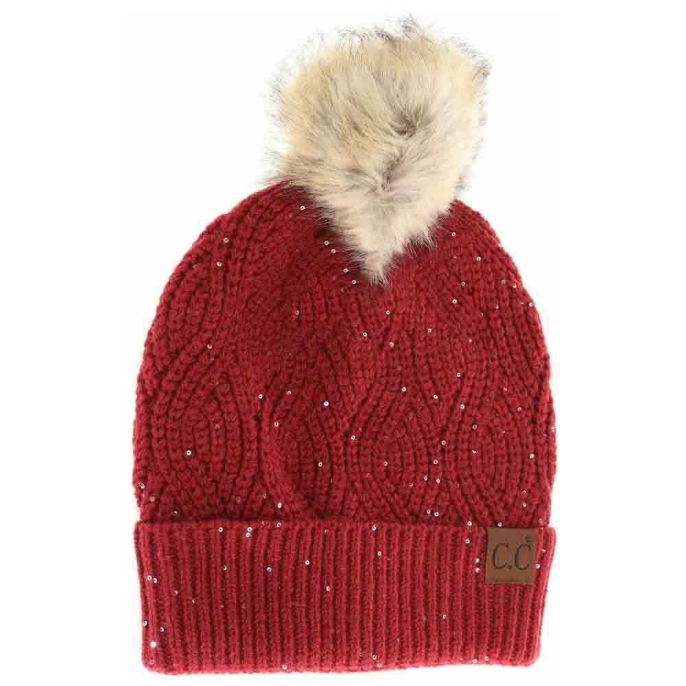 Sequin Brioche Cable Knit Fur Pom C.C Beanie