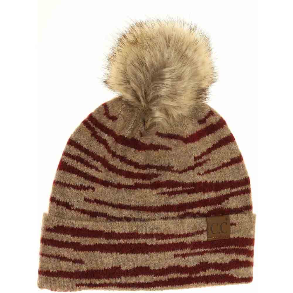 Zebra Pattern Faux Fur Pom C.C Beanie