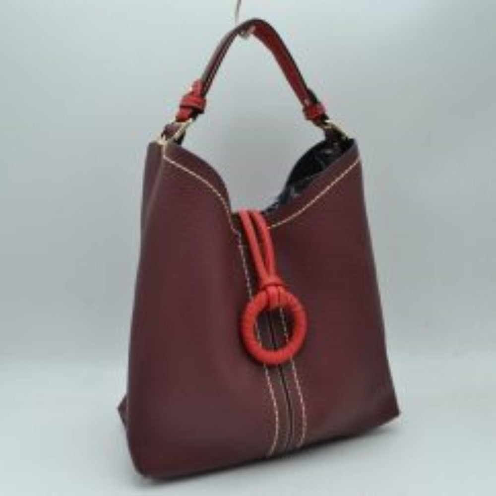 Pebbled Bucket Bag with Contrast Ring Accent and Top Handle