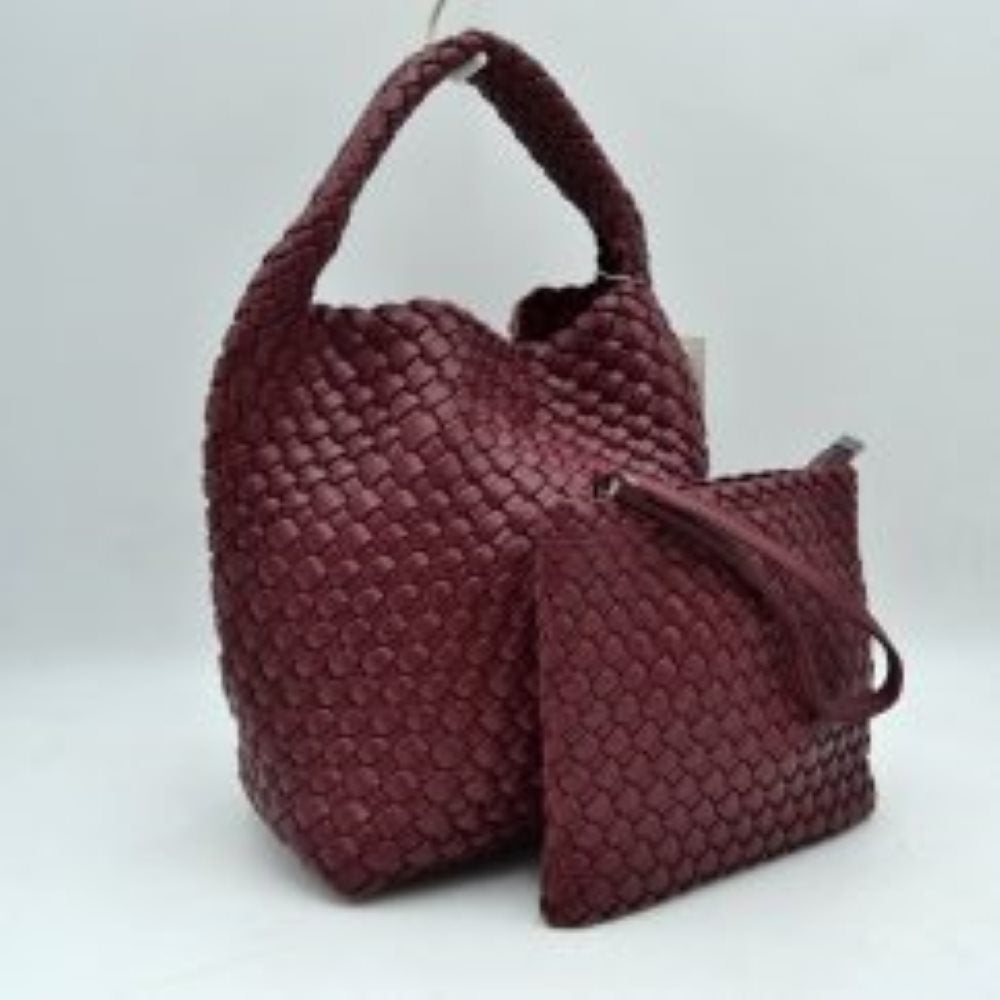 Woven Hobo Bag with Integrated Top Handle and Matching Pouch
