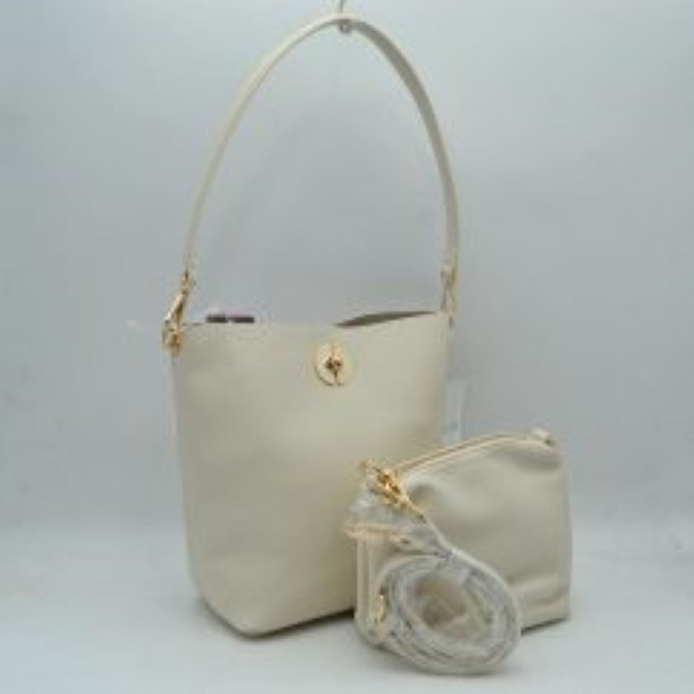 Pebbled Bucket Bag and Crossbody Pouch Set with Circular Lock Accent