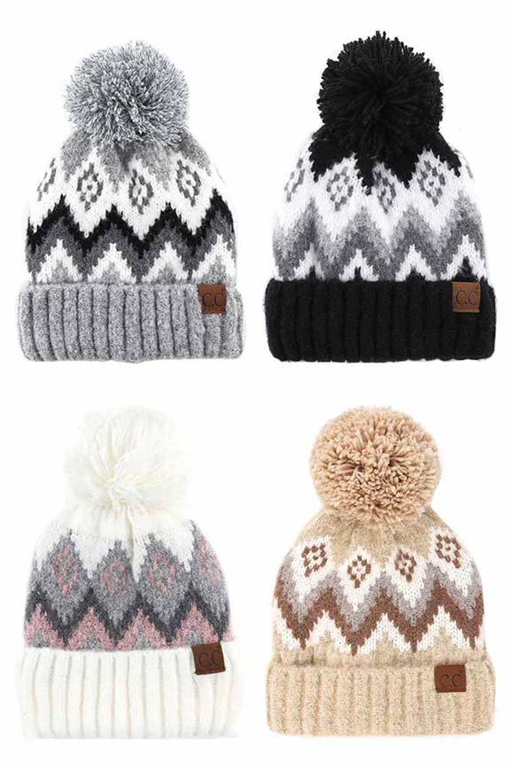 C.C Soft Aztec Pattern Beanie with Knit Pom