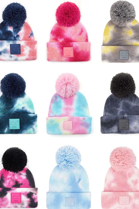 C.C Tie Dye Kids Beanie With C C Rubber Patch And Yarn Pom