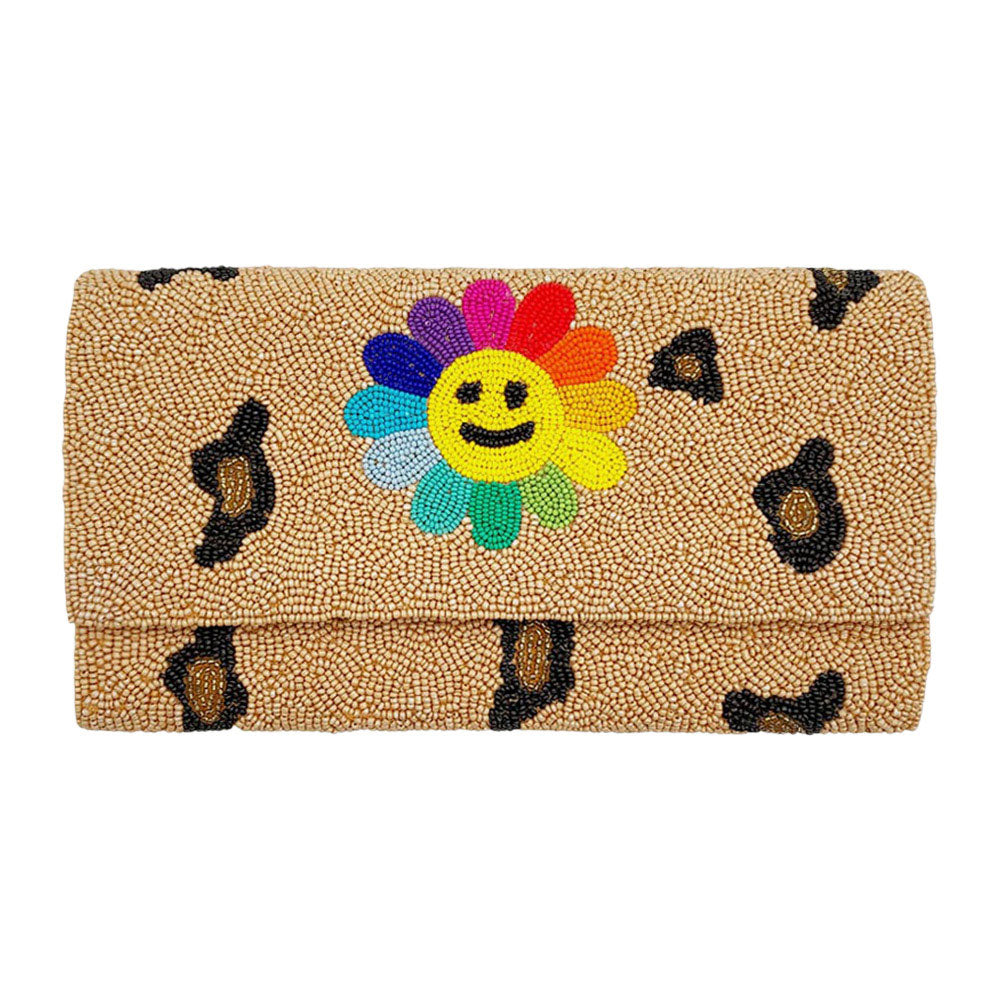 Smile Flower Accented Leopard Patterned Seed Beaded Clutch / Crossbody Bag