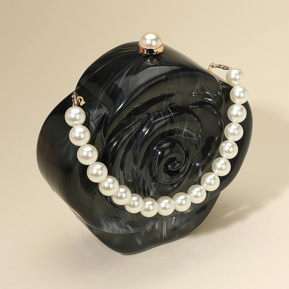 Pearl Beaded Handle Rose Clutch Bag Crossbody Bag