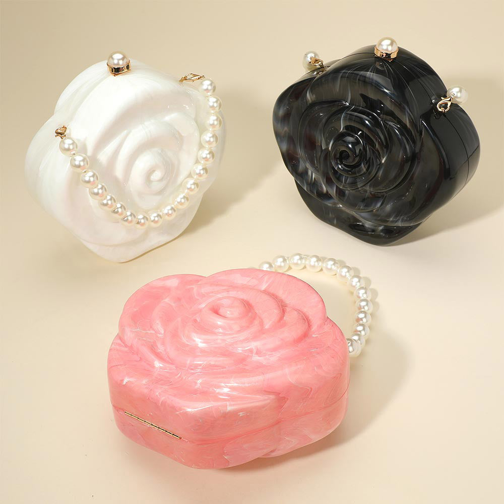 Pearl Beaded Handle Rose Clutch Bag Crossbody Bag