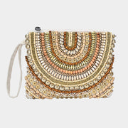Ethnic Wood Metal Beaded Front Pouch Bag with Wristlet