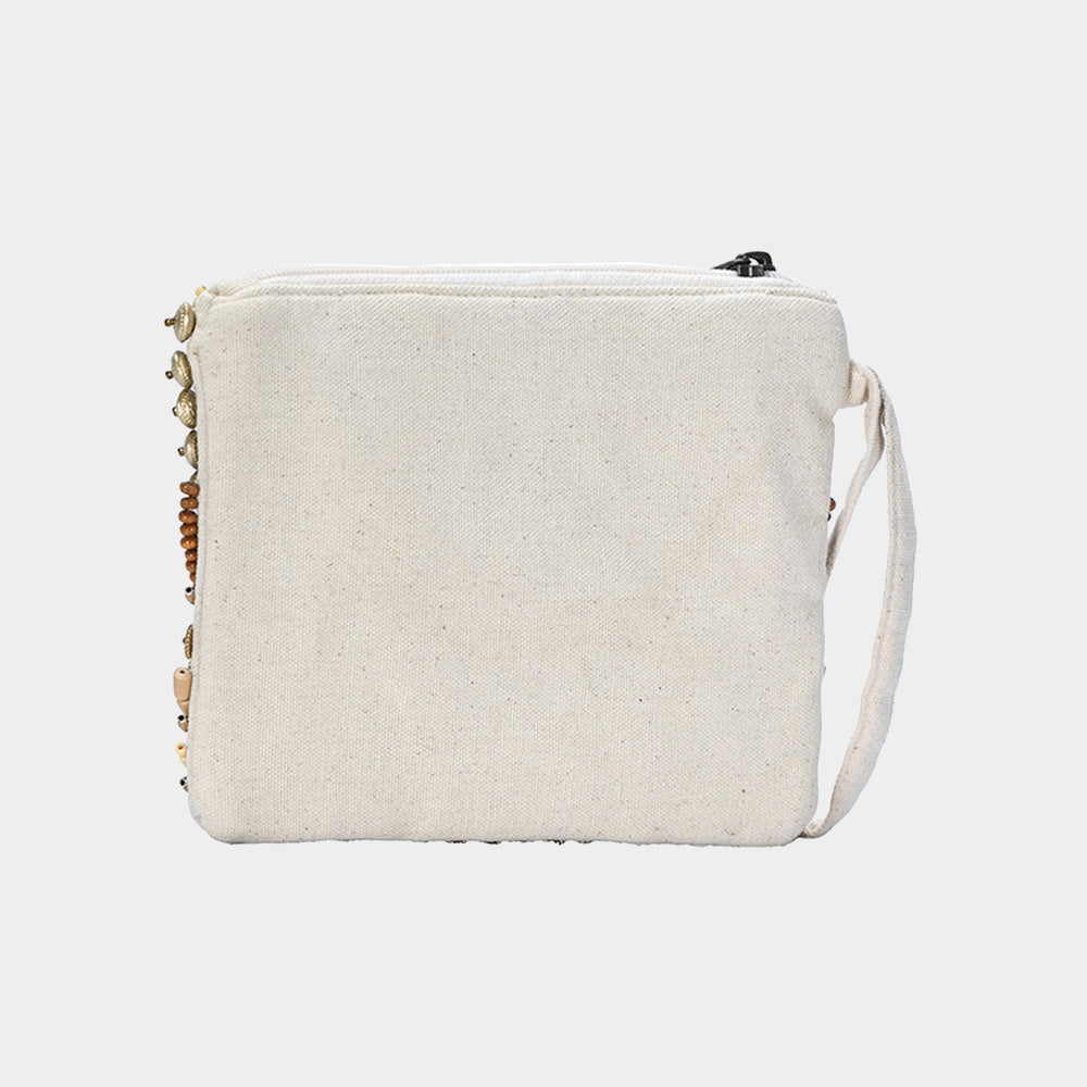 Ethnic Wood Metal Beaded Front Pouch Bag with Wristlet