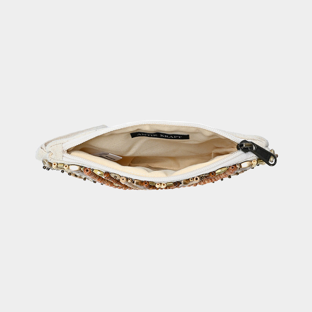 Ethnic Wood Metal Beaded Front Pouch Bag with Wristlet